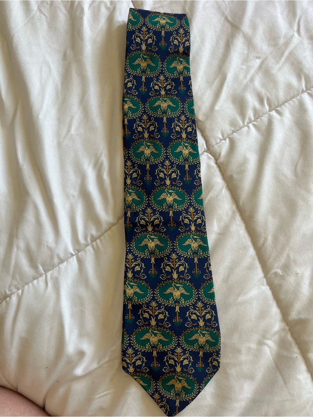 Fabio Conte Men's Navy, Green and Gold Patterned Silk Tie